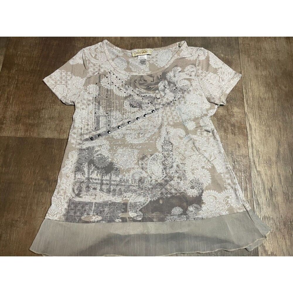 Davina Top Womens Petite Medium P M Beige Studded Short Sleeve Shirt